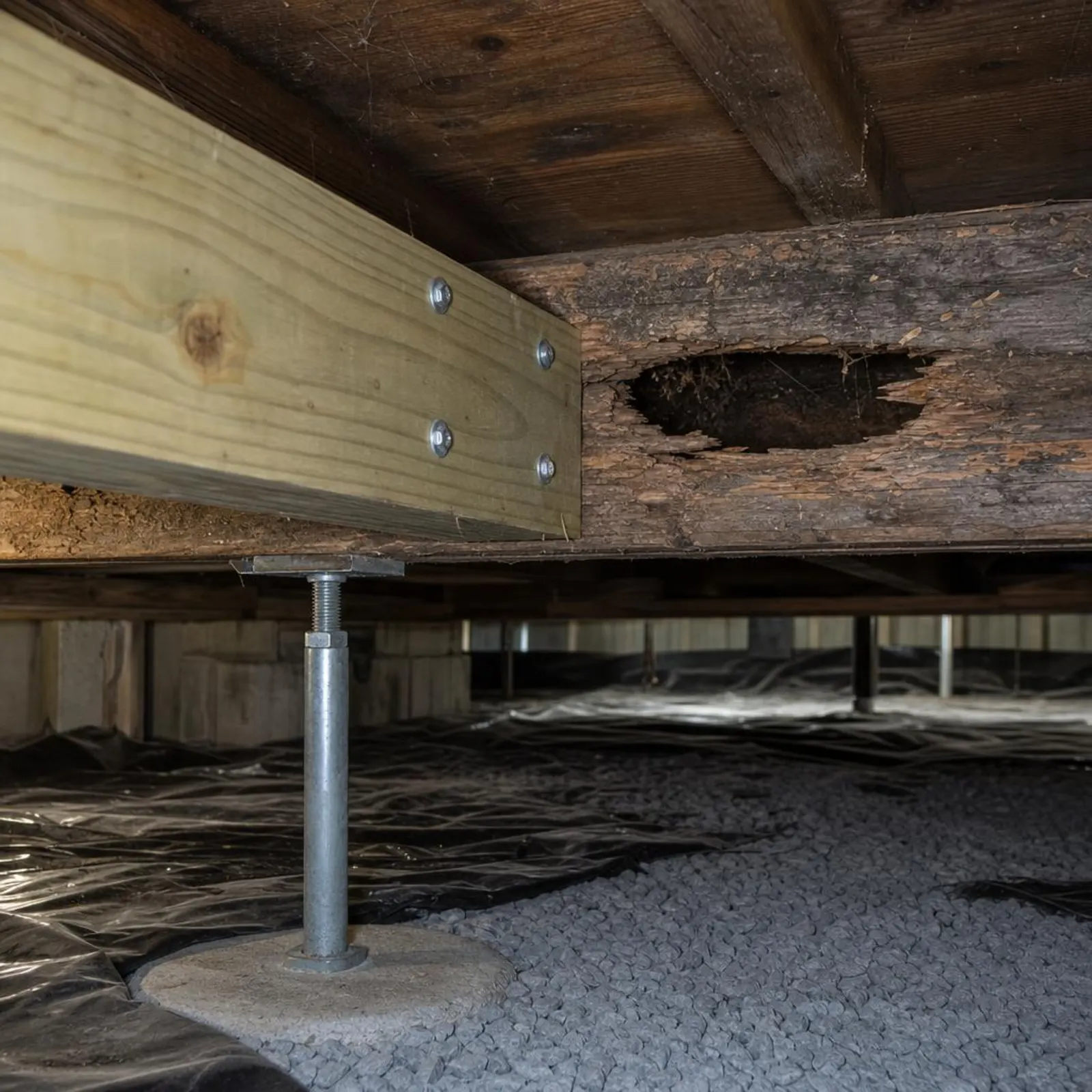 A new pressure-treated joist sistered alongside a termite-damaged floor joist in a crawl space, supported by an adjustable steel jack post.