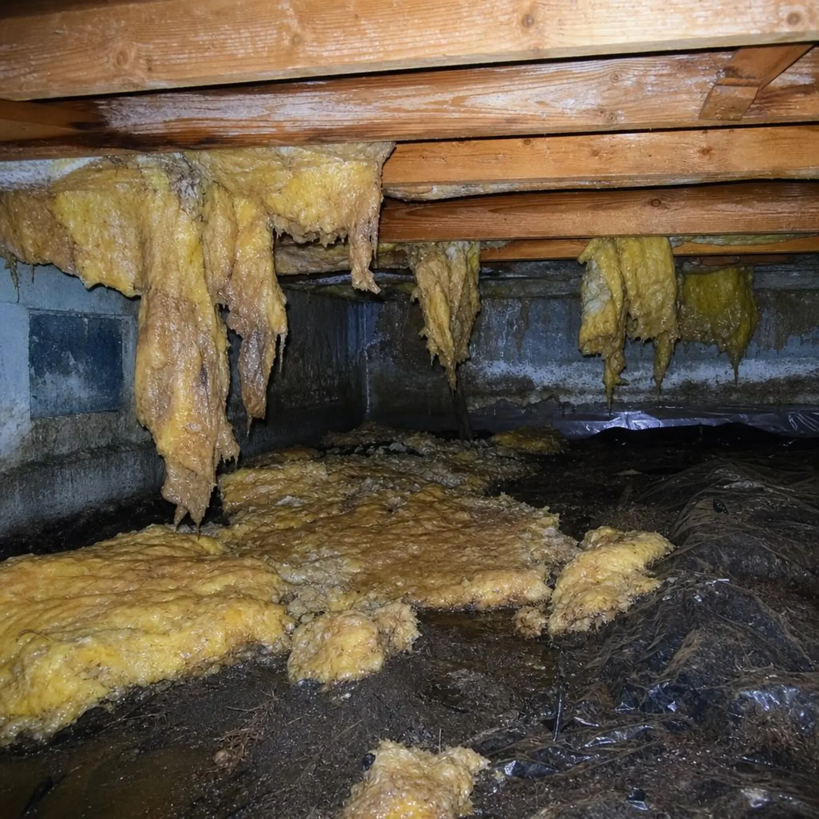 Soaked fiberglass batts hanging down out of the floor joists in a crawl space, several sections collapsed onto the damp soil below.