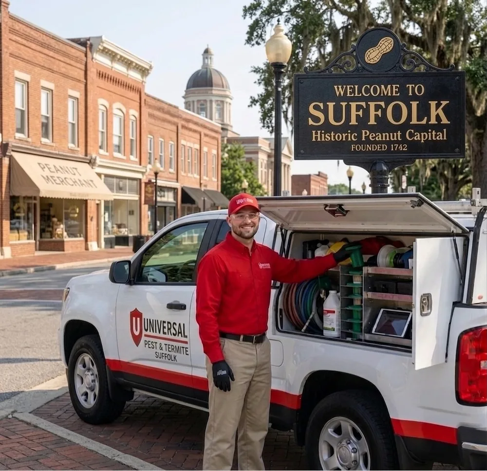 A Universal Pest & Termite technician with a stocked service truck by the Welcome to Suffolk, Historic Peanut Capital sign in downtown Suffolk, VA