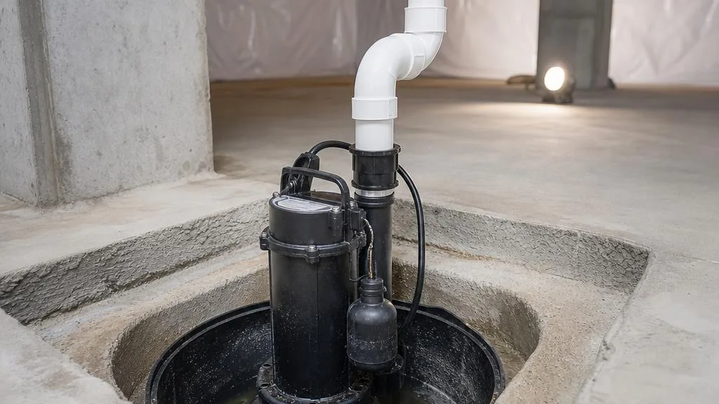 Newly installed sump pump in a Hampton Roads crawl space by Universal Pest