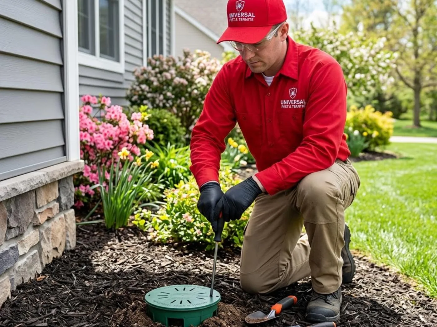 Universal Pest & Termite technician in a branded red cap and long-sleeve uniform shirt, safety goggles and gloves, kneeling to install a green in-ground termite bait station in a mulched flower bed beside a home's foundation