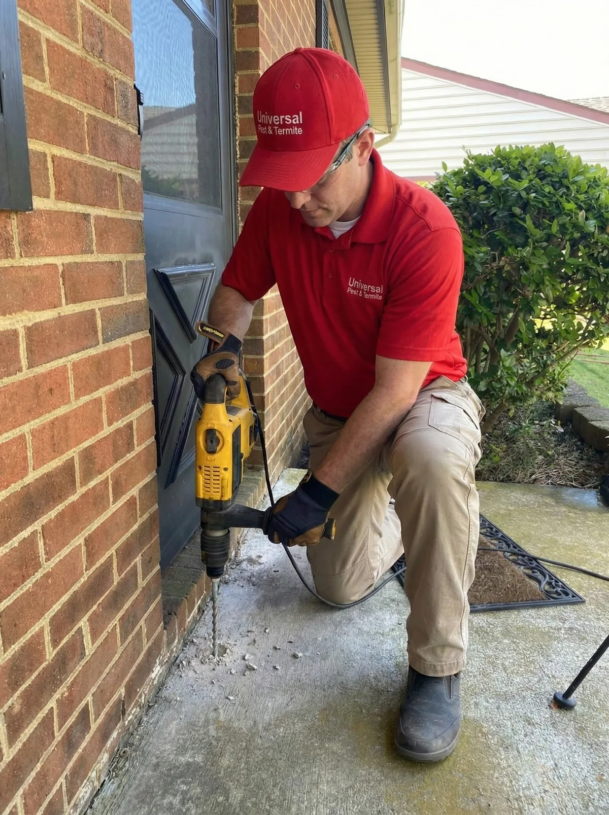 Universal Pest & Termite technician in a red company cap and polo drilling a foundation slab to apply a liquid termite treatment barrier along a Hampton Roads home