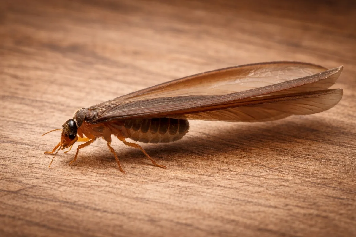 Close-up of a single subterranean termite swarmer (alate) showing two pairs of long, equal-length wings
