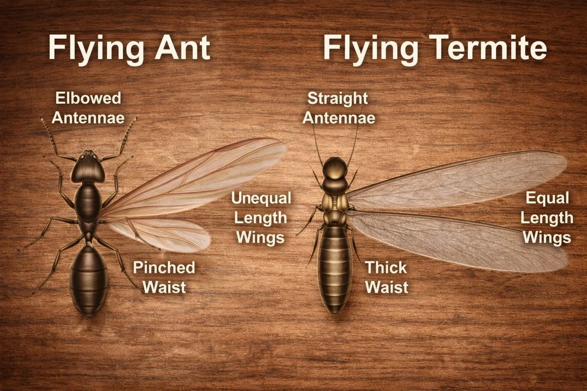 Side-by-side comparison of a flying ant and a flying termite showing antennae, wing, and waist differences