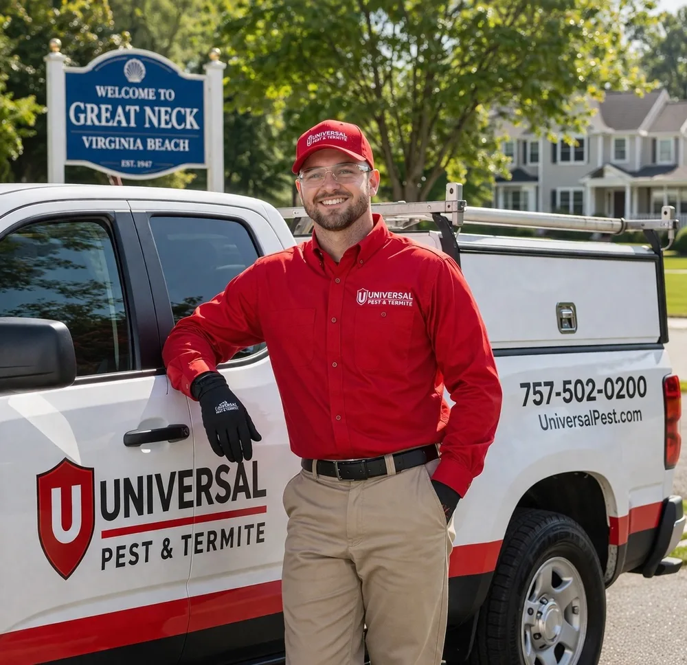 A Universal Pest & Termite technician beside a marked service truck at the Welcome to Great Neck sign in Virginia Beach, VA