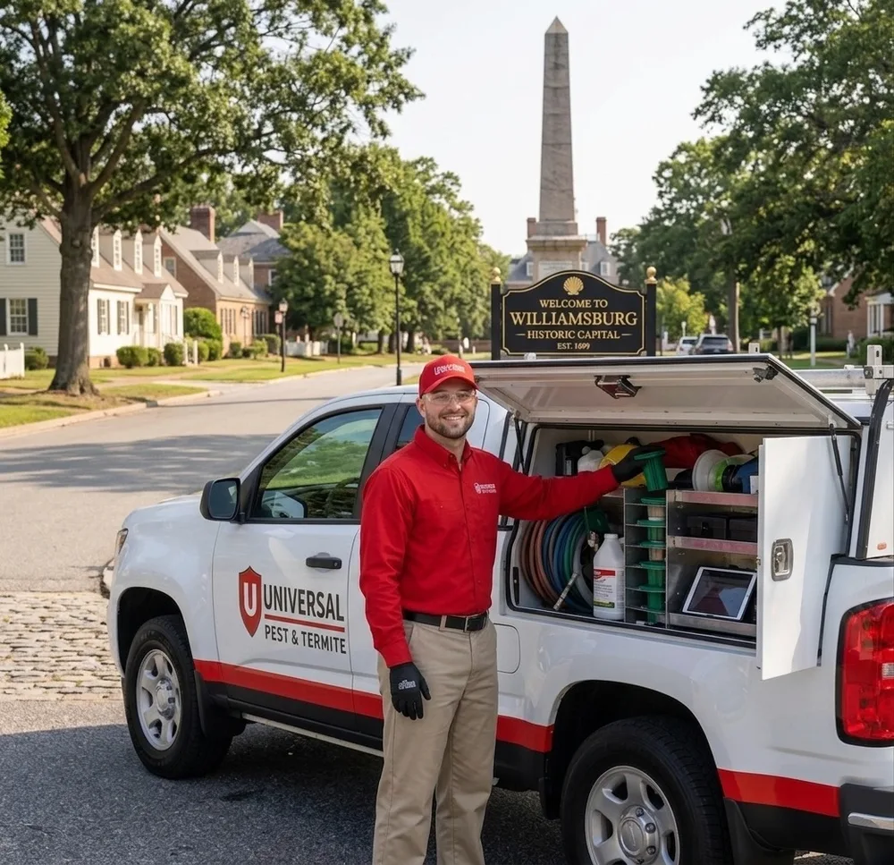 A Universal Pest & Termite technician with a stocked service truck by the Welcome to Williamsburg, Historic Capital sign in Williamsburg, VA