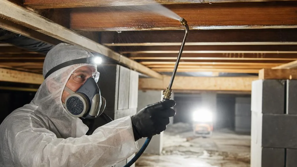 Universal Pest technician spraying wood-treatment fungicide from a hose onto crawl space subfloor and joists in a Hampton Roads home