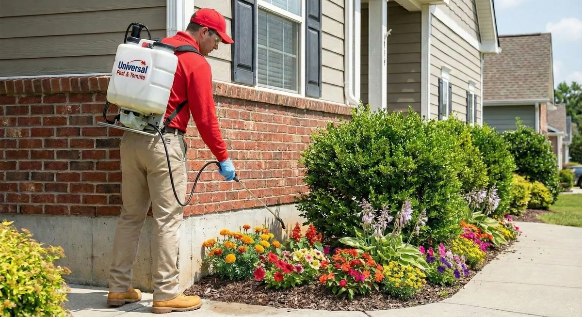 Universal Pest & Termite technician wearing a backpack sprayer treating the brick foundation and flower beds along the exterior of a home